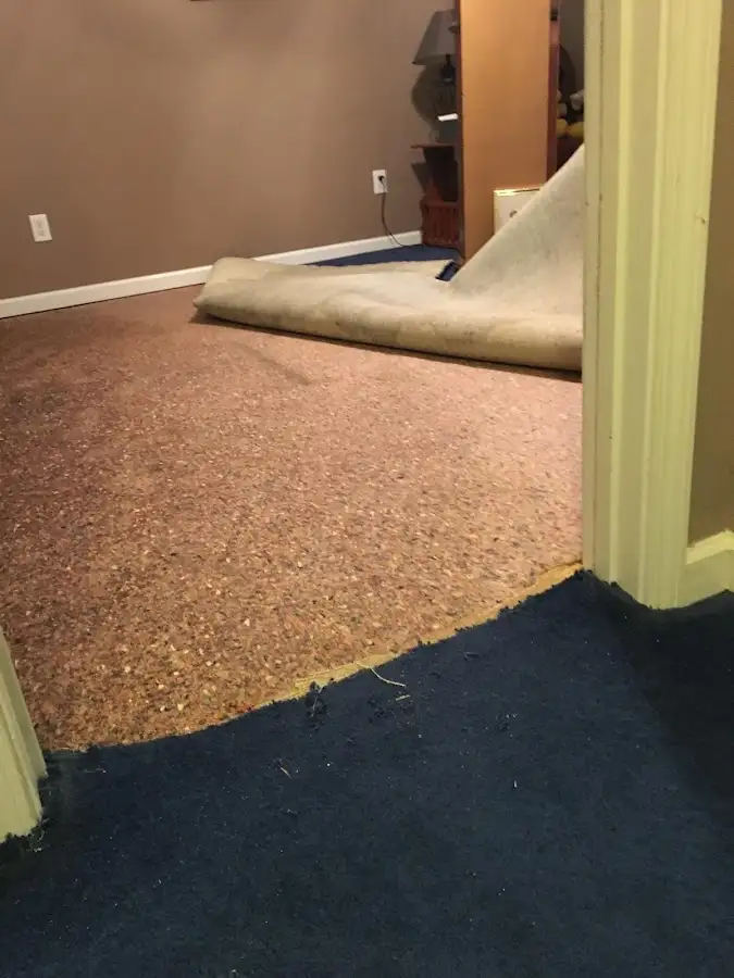 Carpet pad removal revealing water damage during Water Mitigation Services in Hutchison